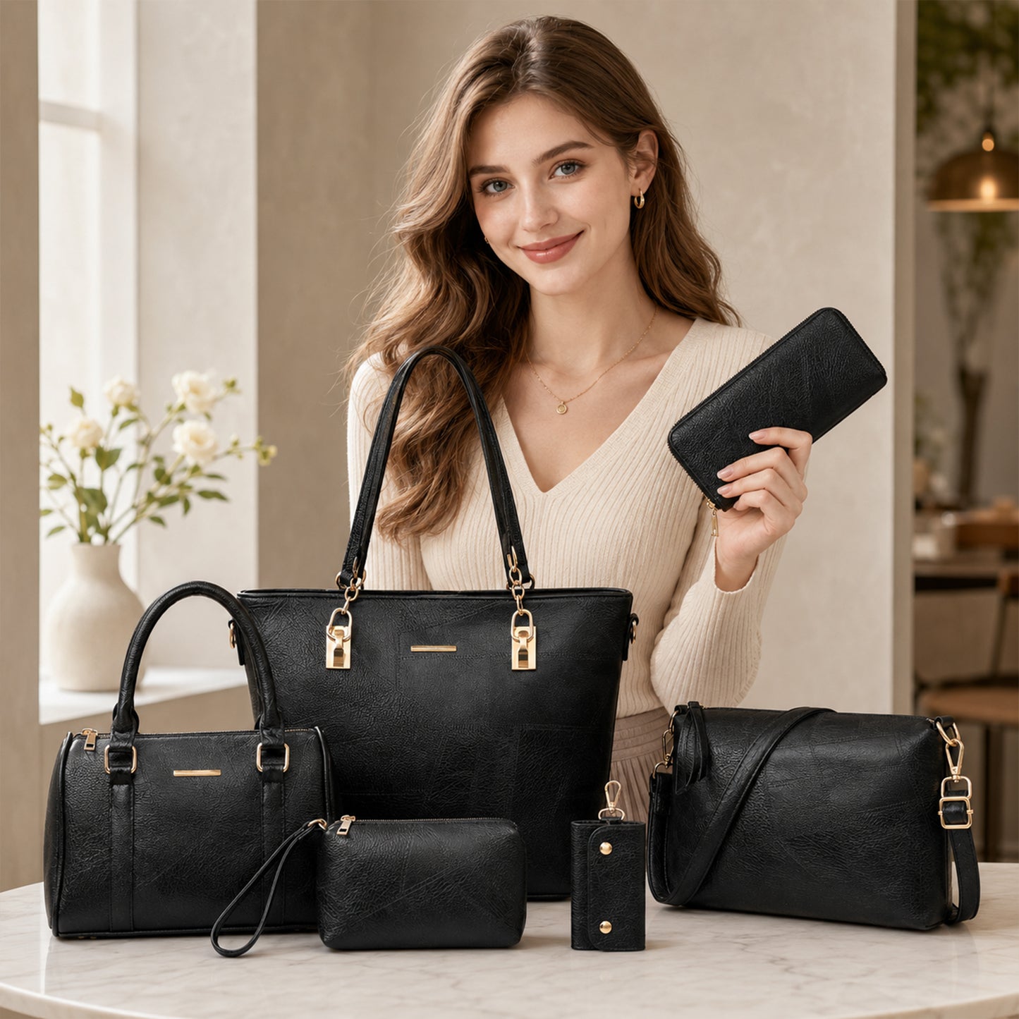 Dollcini Women's Handbag Set – 6-Piece Elegant Faux Leather Bag Set