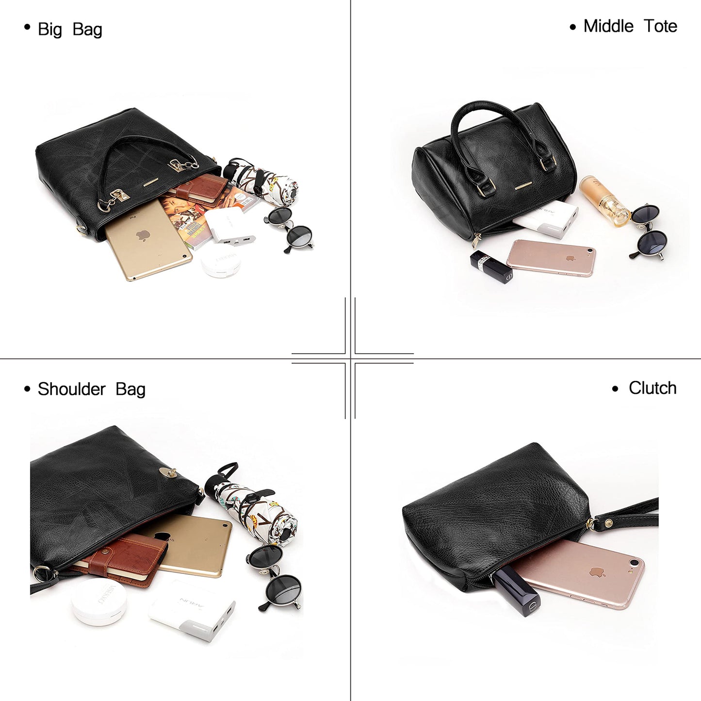 Dollcini Women's Handbag Set – 6-Piece Elegant Faux Leather Bag Set