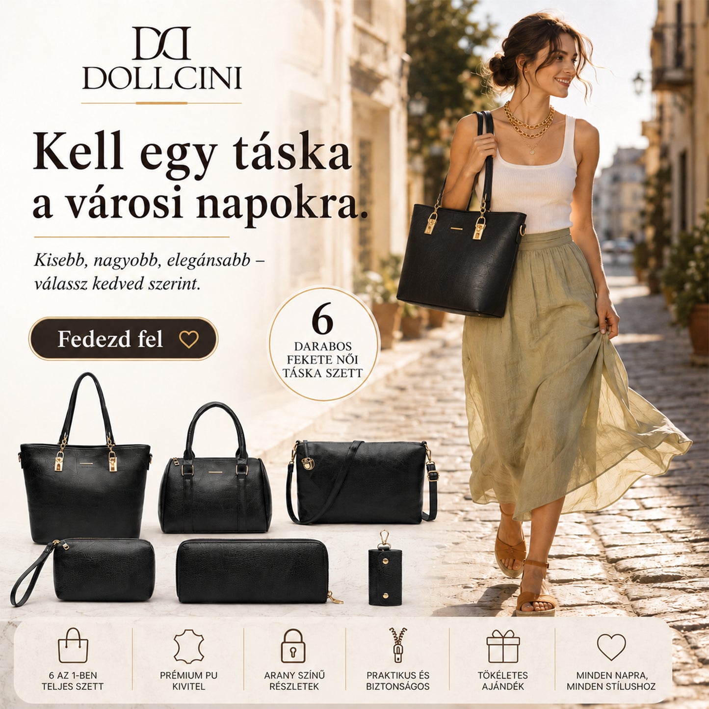 Dollcini Women's Handbag Set – 6-Piece Elegant Faux Leather Bag Set