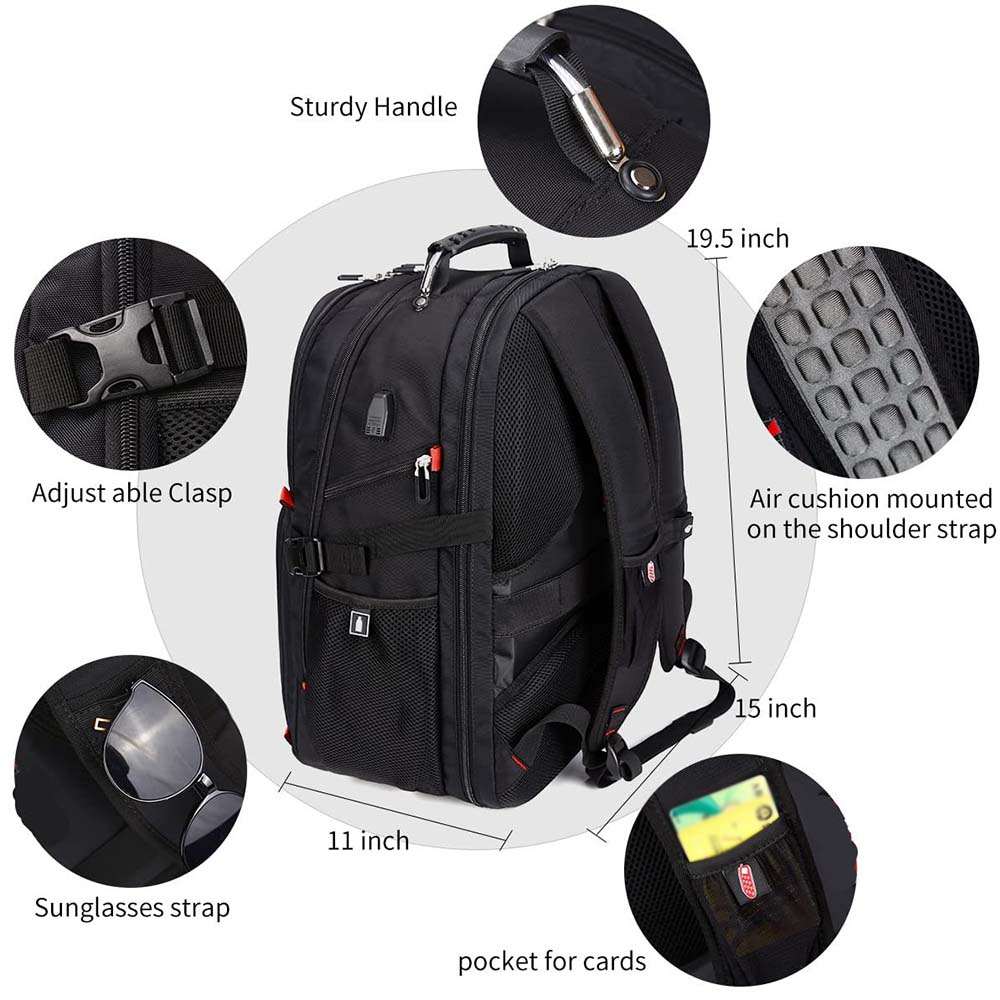 Dollcini Uniszex Laptop Hátizsák – Vízálló Utazóhátizsák, USB Töltőporttal, Fekete