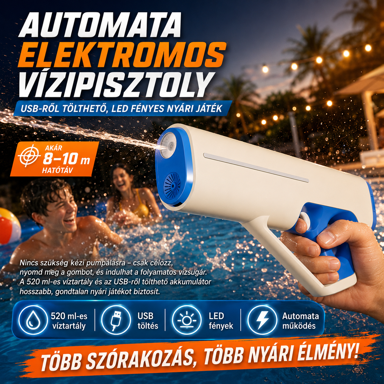 Dollcini Automatic Electric Water Gun – USB Rechargeable, LED Light, 510 ml