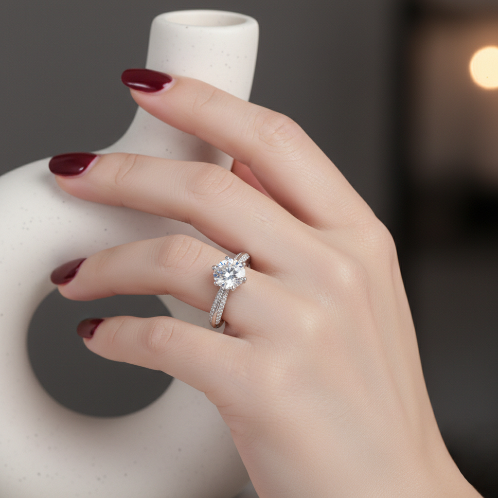 Dollcini Klasszikus Hatkarmos Moissanite Gyűrű Köves Díszítéssel és GRA Igazolással – 1, 2 és 3 Karátos Változatban
