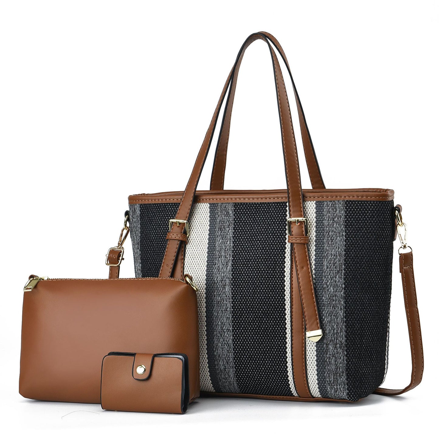 Dollcini Women's Large Nylon Tote Handbag Set – With Cosmetic Bag and Card Holder, Contrasting Design